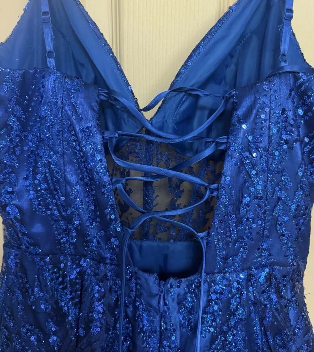 Blondie Nites Jr Size 5 Royal Blue Glitter-Mesh Corset Lace-Up Dress Pockets - Picture 8 of 16